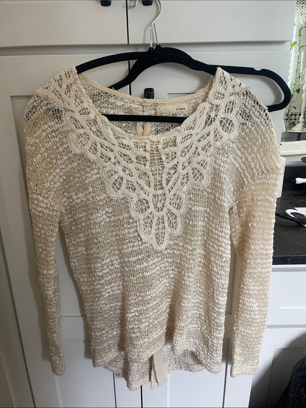 Areve Cream Crochet-Trim Lightweight Knit Sweater